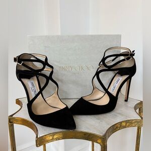 Jimmy Choo $1290 Lancer 100 strappy Black Suede Heels sandals 38 sexy